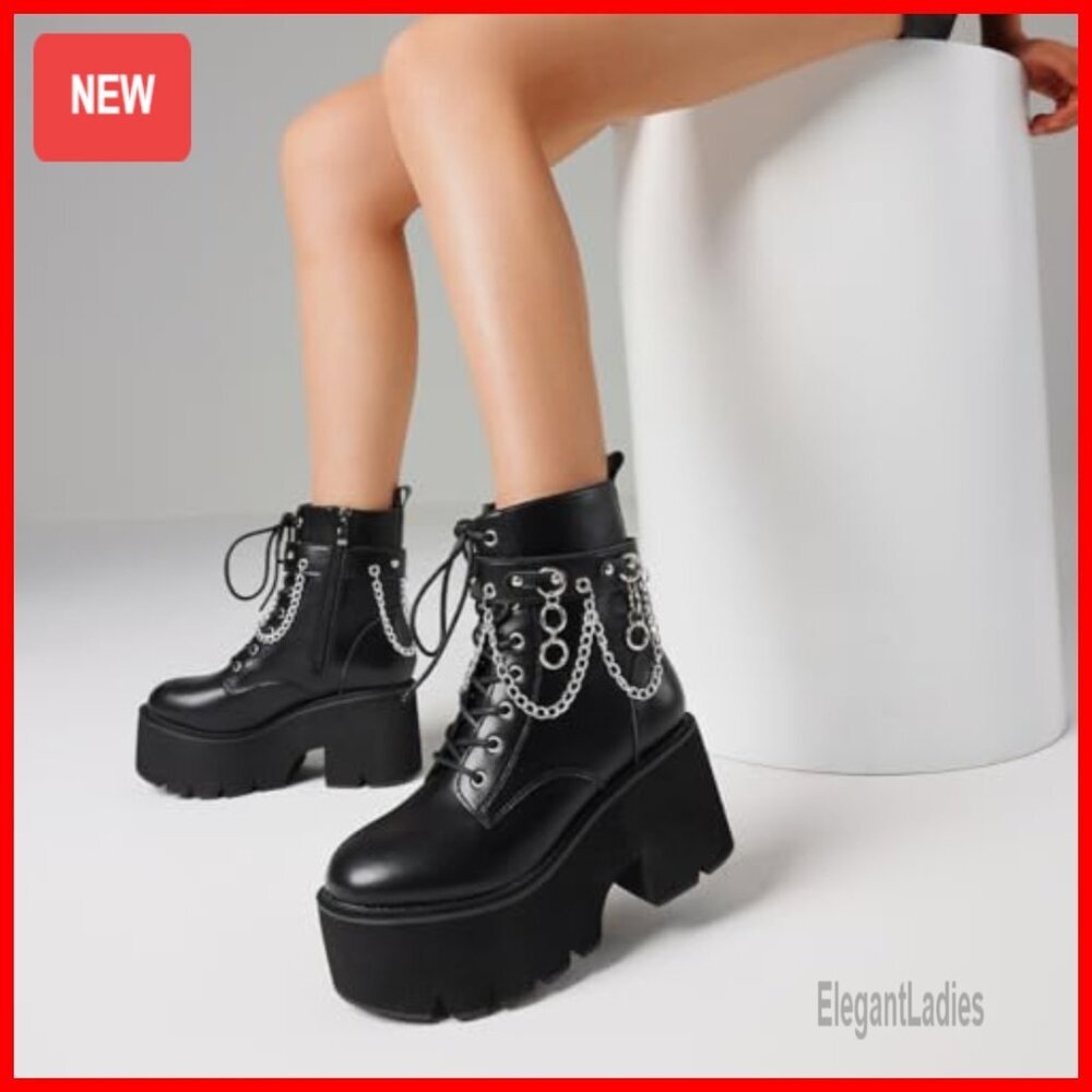 Platform Combat Boots with Detachable Chain, Chunky Heel, Lace Up & Zipper - Picture 5 of 7